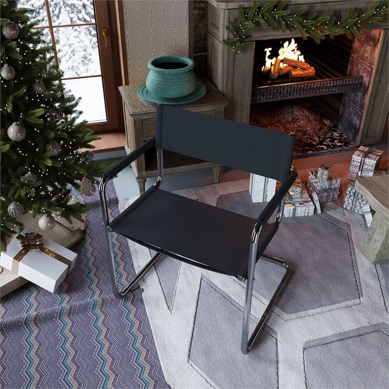 Saddle Leather Accent Chair Stainless Steel Arm Chair - Black -Set of 2