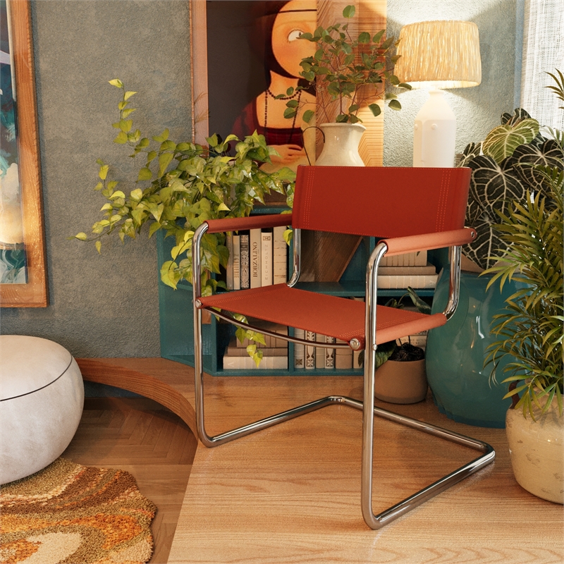 Saddle Leather Accent Chair Stainless Steel Arm Chair - Amber -Set of 2