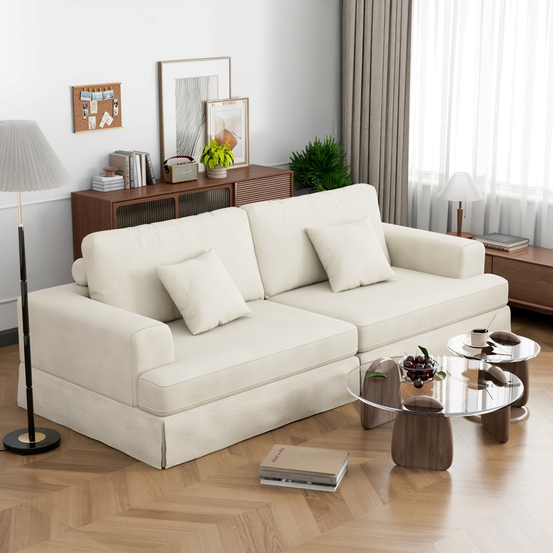 Classic 94 Inch White Skirted Sofa with Armrest for Living Room