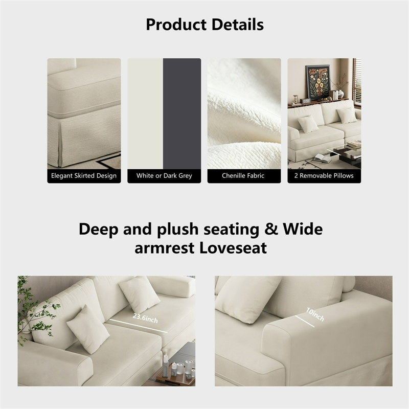 Classic 94 Inch White Skirted Sofa with Armrest for Living Room
