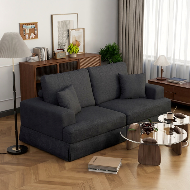 Classic 94 Inch Grey Skirted Sofa with Armrest for Living Room
