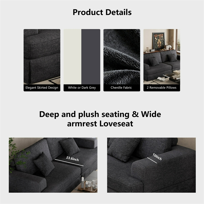 Classic 94 Inch Grey Skirted Sofa with Armrest for Living Room