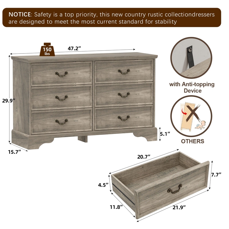 Durable Light Brown Vintage-Inspired 6-Drawer Dresser with Brass Handles