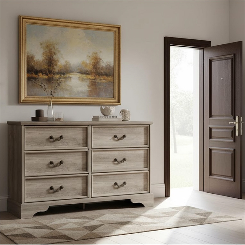 Durable Light Brown Vintage-Inspired 6-Drawer Dresser with Brass Handles
