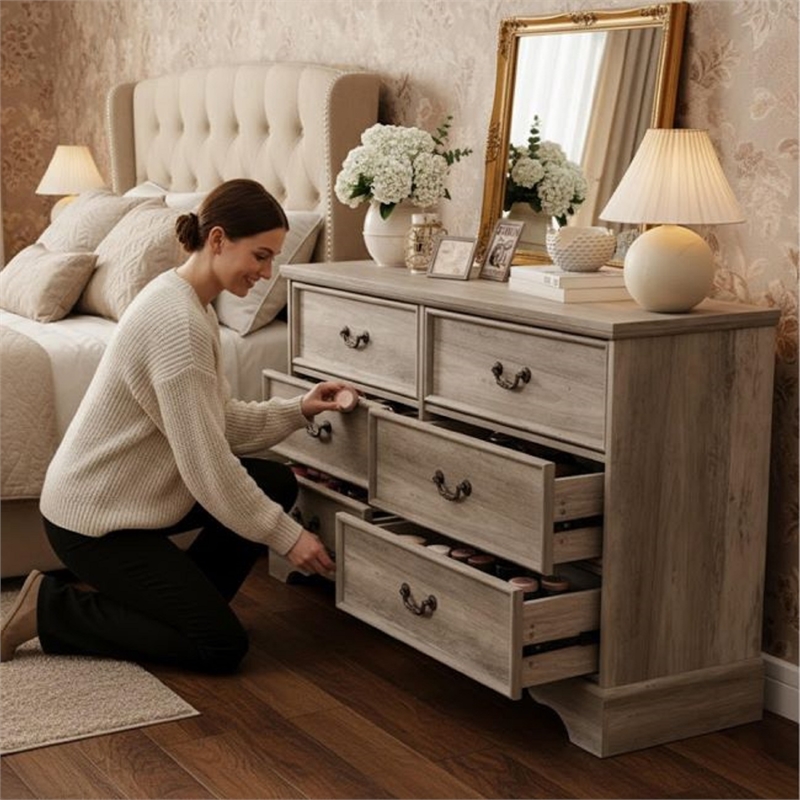 Durable Light Brown Vintage-Inspired 6-Drawer Dresser with Brass Handles