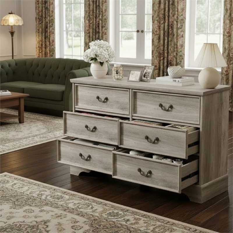 Durable Light Brown Vintage-Inspired 6-Drawer Dresser with Brass Handles