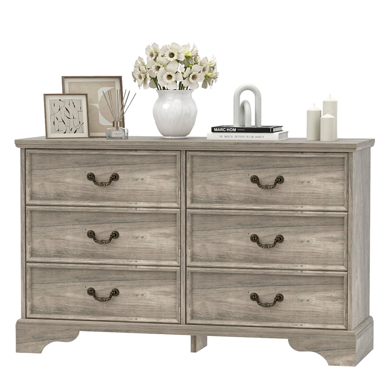 Durable Light Brown Vintage-Inspired 6-Drawer Dresser with Brass Handles