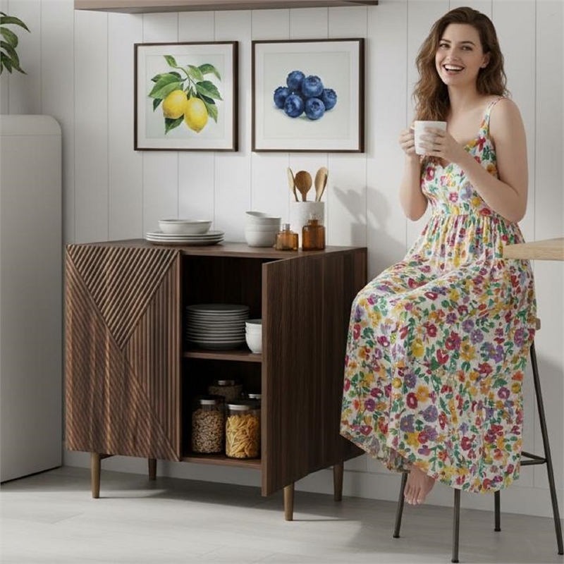 Brown Vintage Fluted Sideboard Cabinet with Metal Legs & Adjustable Shelf