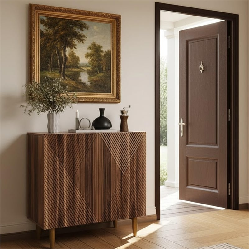 Brown Vintage Fluted Sideboard Cabinet with Metal Legs & Adjustable Shelf