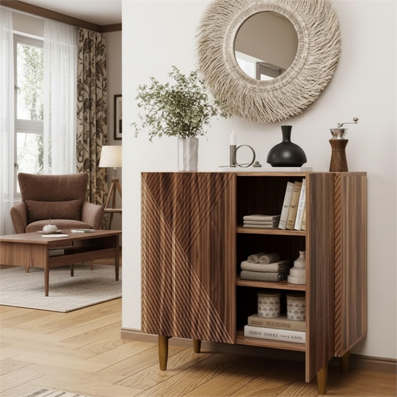 Brown Vintage Fluted Sideboard Cabinet with Metal Legs & Adjustable Shelf