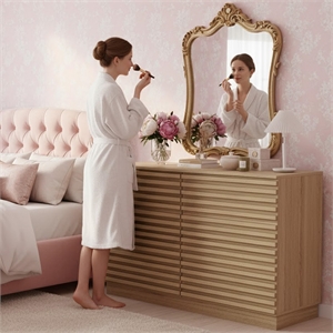 47&quot Light Brown Modern Natural Oak Wide Fluted 6-Drawer Dresser for Bedroom