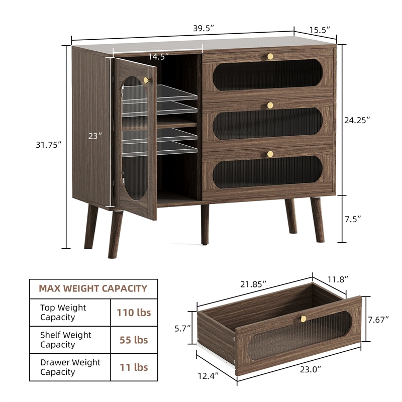 Brown Mid-Century Buffet Cabinet with Arched Glass Doors & 3 Soft-Close Drawers