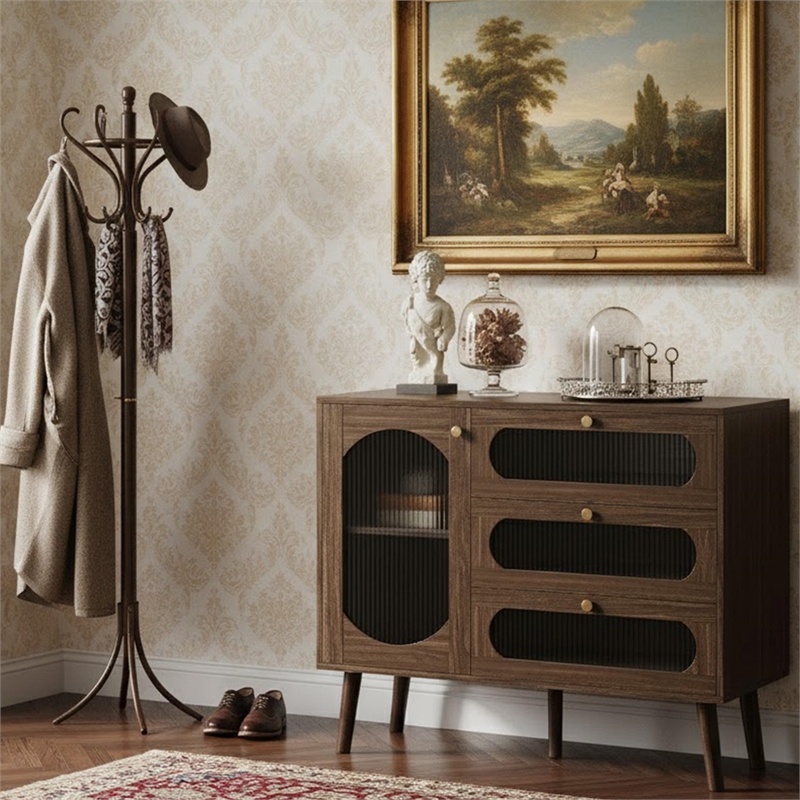 Brown Mid-Century Buffet Cabinet with Arched Glass Doors & 3 Soft-Close Drawers