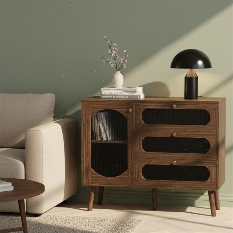 Brown Mid-Century Buffet Cabinet with Arched Glass Doors & 3 Soft-Close Drawers