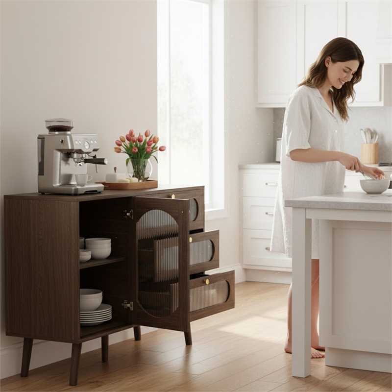 Brown Mid-Century Buffet Cabinet with Arched Glass Doors & 3 Soft-Close Drawers