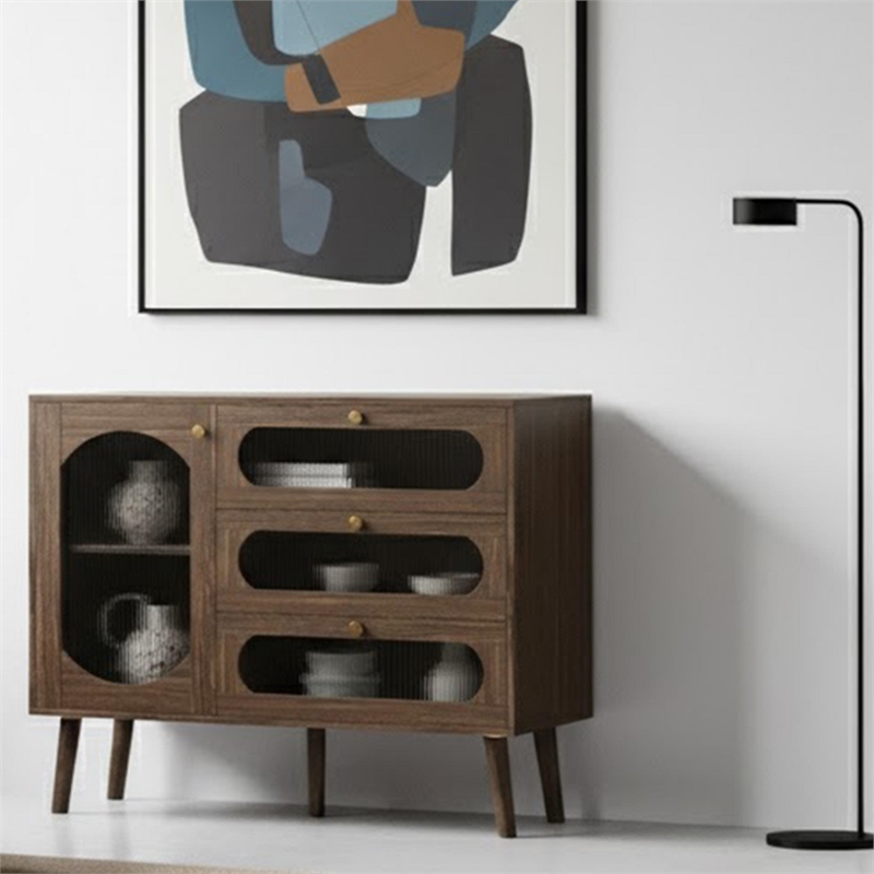 Brown Mid-Century Buffet Cabinet with Arched Glass Doors & 3 Soft-Close Drawers