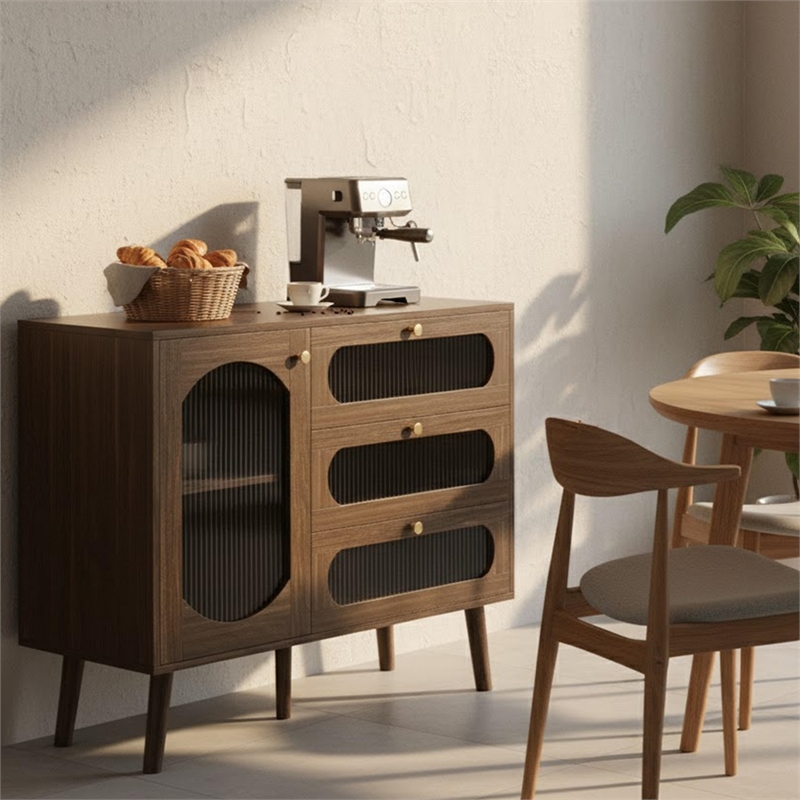 Brown Mid-Century Buffet Cabinet with Arched Glass Doors & 3 Soft-Close Drawers