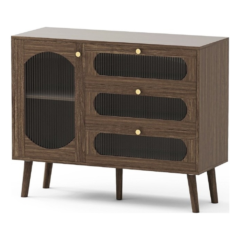 Brown Mid-Century Buffet Cabinet with Arched Glass Doors & 3 Soft-Close Drawers