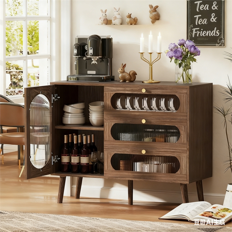 Brown Mid-Century Buffet Cabinet with Arched Glass Doors & 3 Soft-Close Drawers