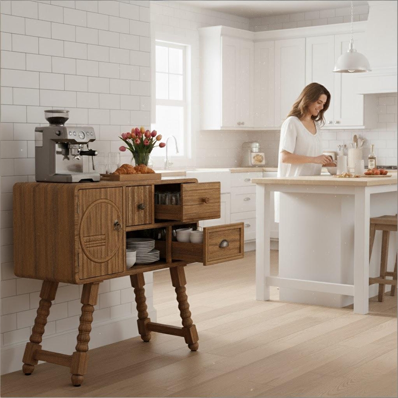 Hand-Carved Brown Solid Wood Storage Cabinet with Efficient Dining Room Storage