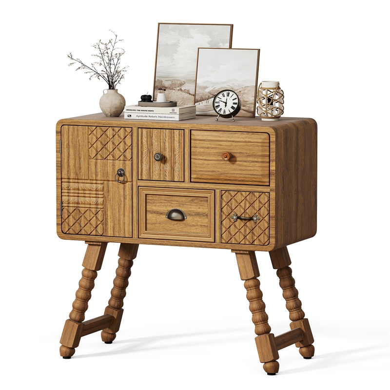 Hand-Carved Brown Solid Wood Storage Cabinet with Efficient Dining Room Storage