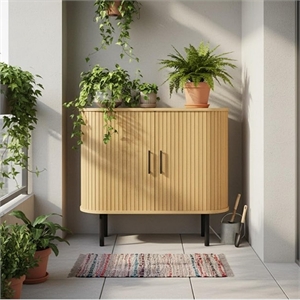 35&quot Brown Fluted Sideboard with Sliding Doors & 5-Level Adjustable Shelf