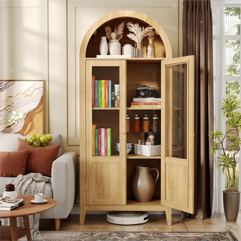 Light Brown Tall Arch Wood Cabinet with Glass Doors Kitchen Storage Pantry