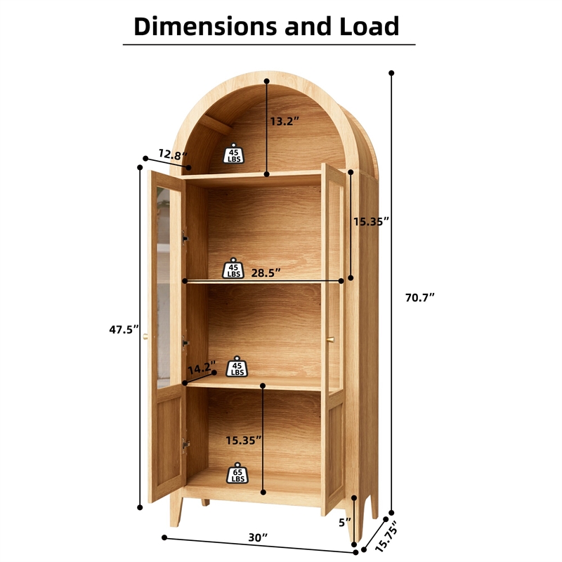Light Brown Tall Arch Wood Cabinet with Glass Doors Kitchen Storage Pantry