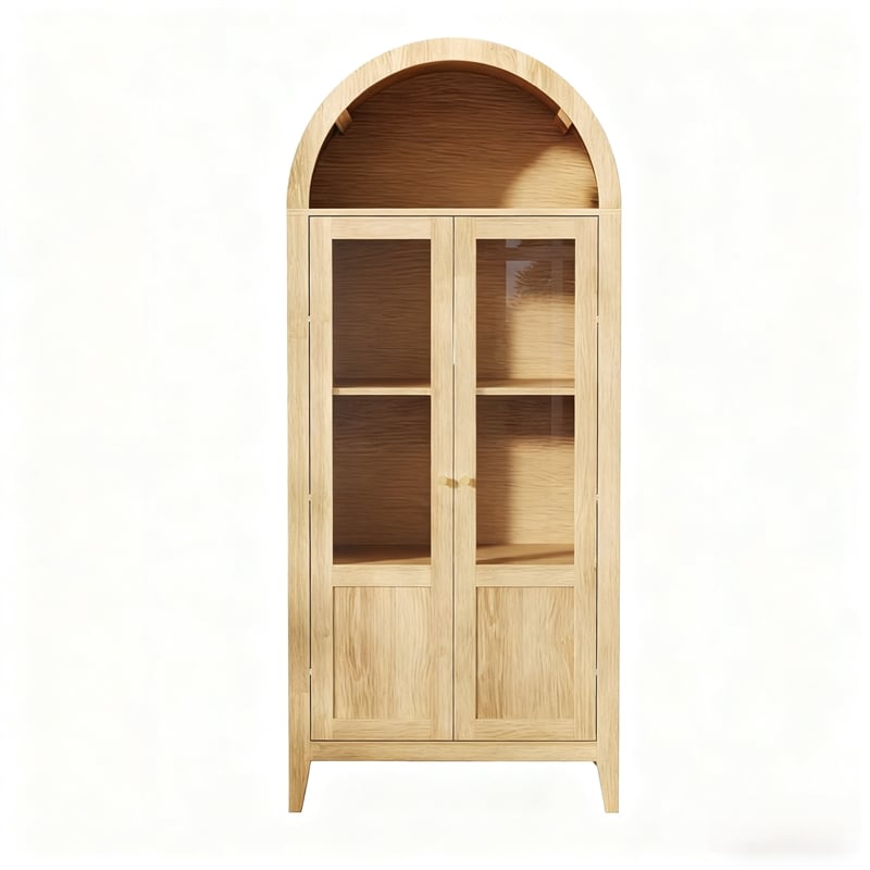 Light Brown Tall Arch Wood Cabinet with Glass Doors Kitchen Storage Pantry
