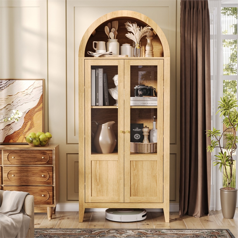 Light Brown Tall Arch Wood Cabinet with Glass Doors Kitchen Storage Pantry