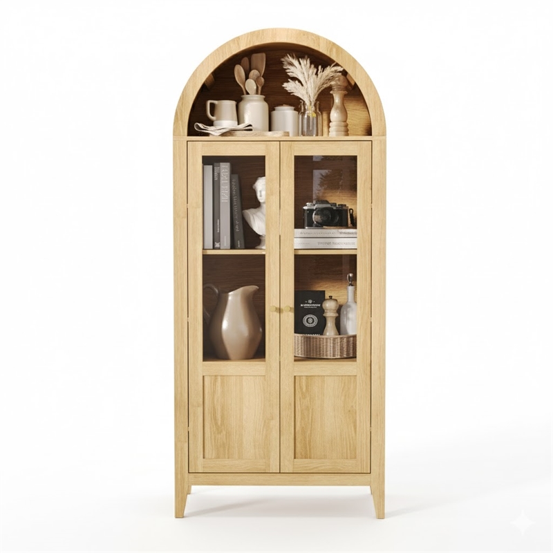 Light Brown Tall Arch Wood Cabinet with Glass Doors Kitchen Storage Pantry