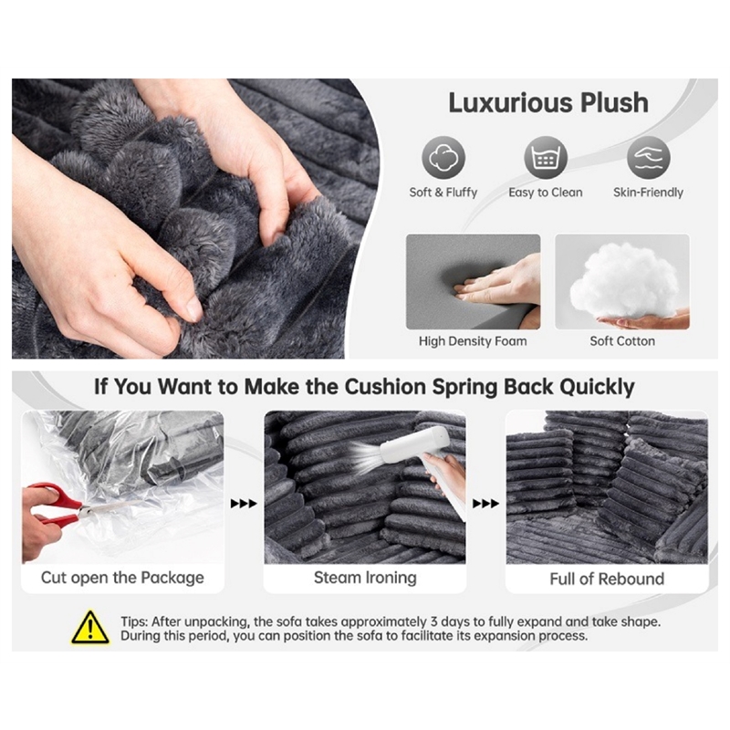 Luxury Plush Chaise Lounge Sofa with Storage and filled with foam - Dark Gray
