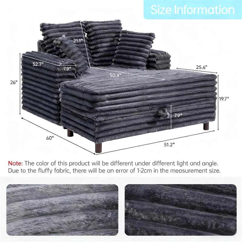 Luxury Plush Chaise Lounge Sofa with Storage and filled with foam - Dark Gray