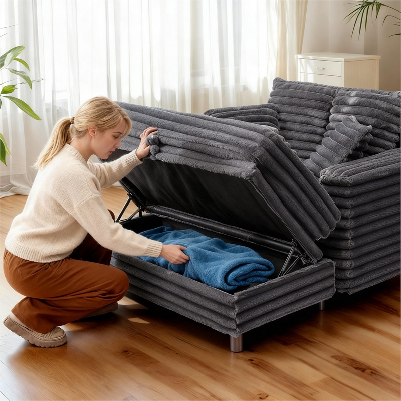 Luxury Plush Chaise Lounge Sofa with Storage and filled with foam - Dark Gray