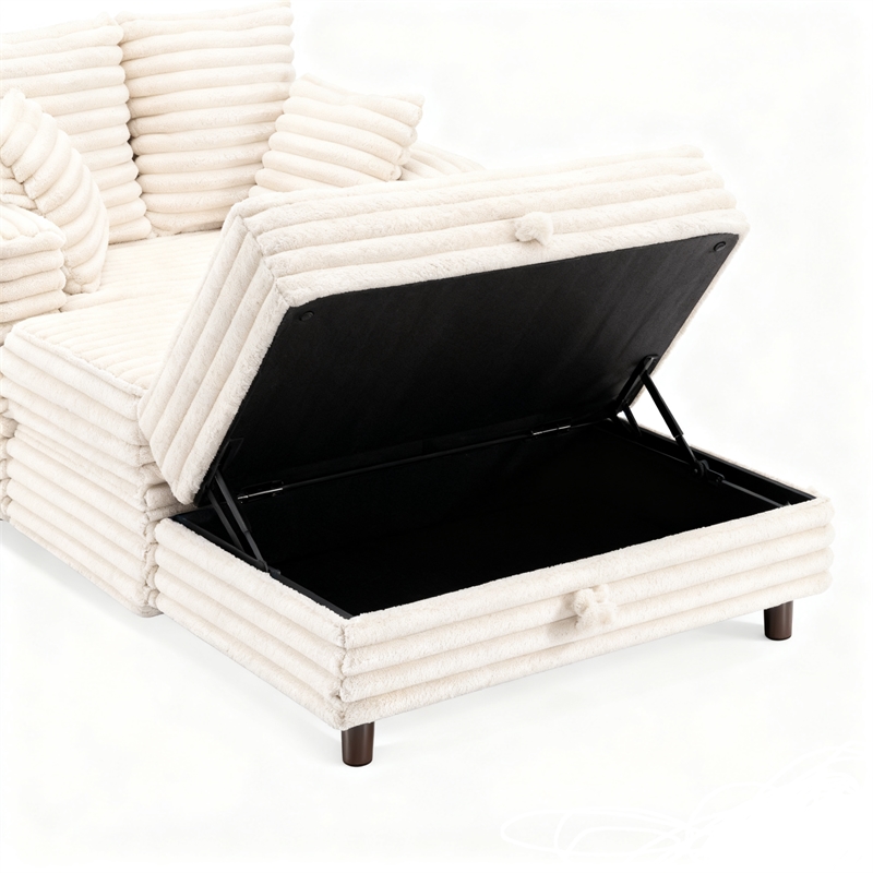 Luxury Plush Chaise Lounge Sofa with Storage and Filled with Foam - White