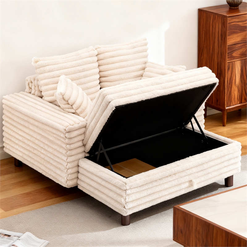 Luxury Plush Chaise Lounge Sofa with Storage and Filled with Foam - White