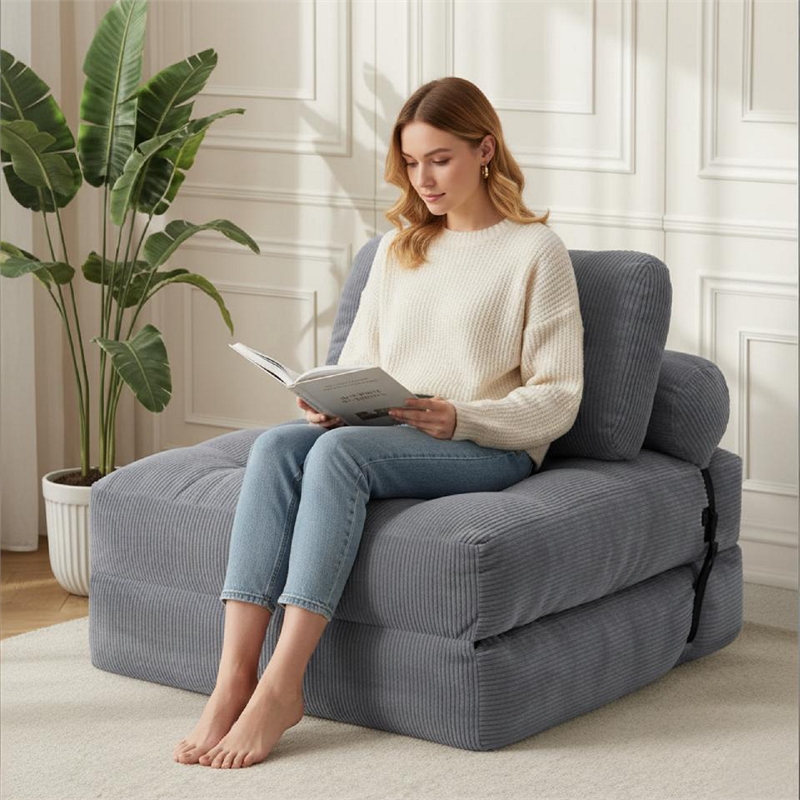 3-in-1 Convertible Sofa Bed & Corduroy Folding Couch with Foam Filling-Gray