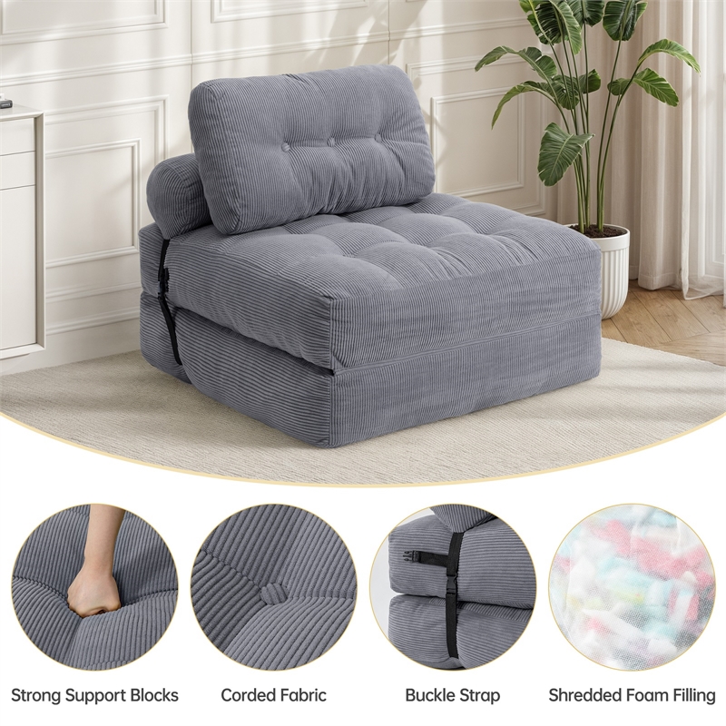3-in-1 Convertible Sofa Bed & Corduroy Folding Couch with Foam Filling-Gray