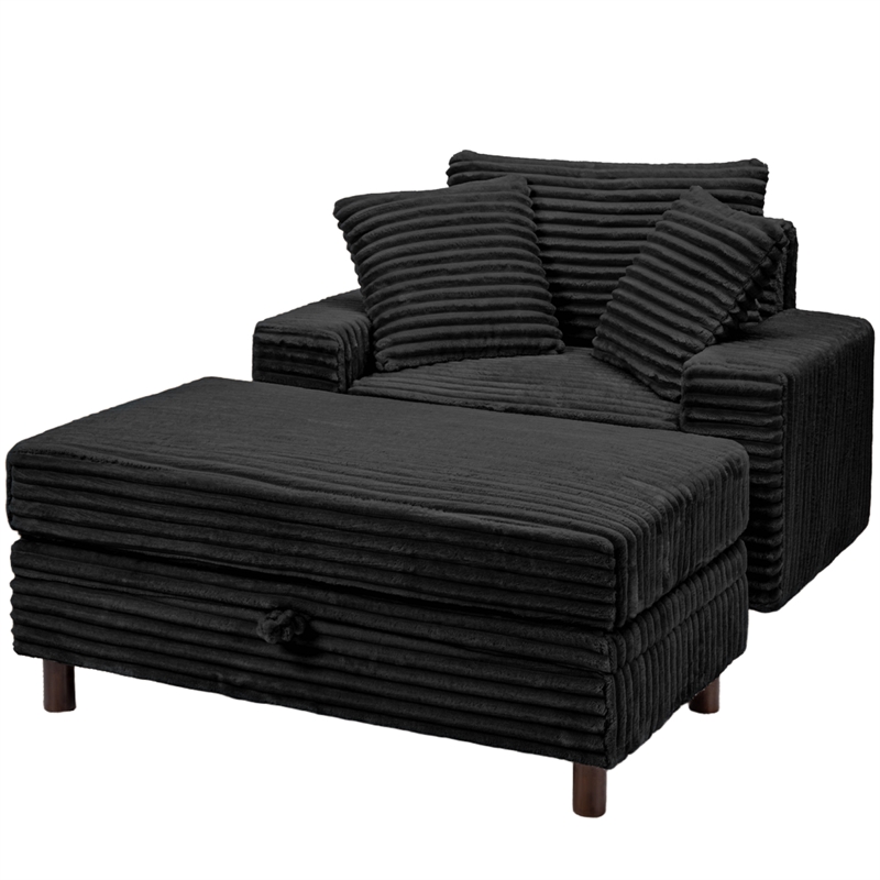 Corduroy Chaise Lounge with Storage & Removable Pillows & Foam Filling - Black