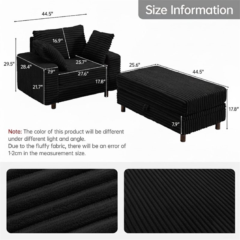 Corduroy Chaise Lounge with Storage & Removable Pillows & Foam Filling - Black
