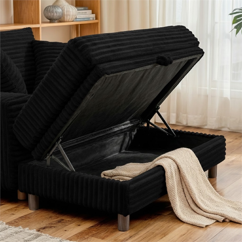 Corduroy Chaise Lounge with Storage & Removable Pillows & Foam Filling - Black