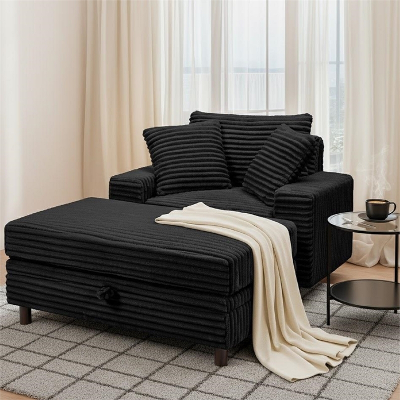 Corduroy Chaise Lounge with Storage & Removable Pillows & Foam Filling - Black
