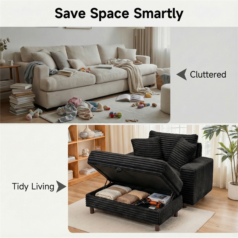 Corduroy Chaise Lounge with Storage & Removable Pillows & Foam Filling - Black