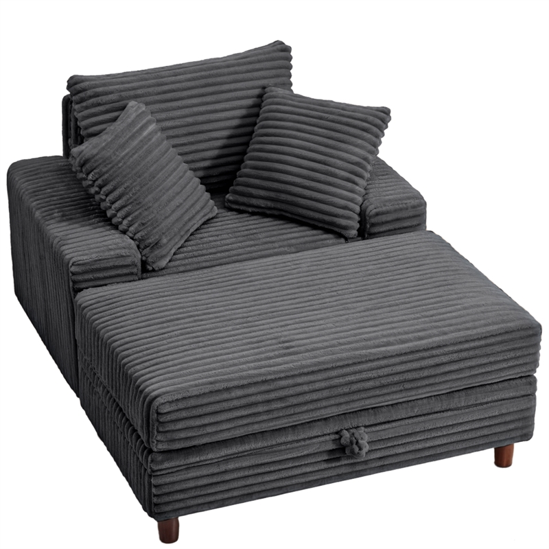 Corduroy Chaise Lounge with Storage & Removable Pillows & Foam Filling - Gray