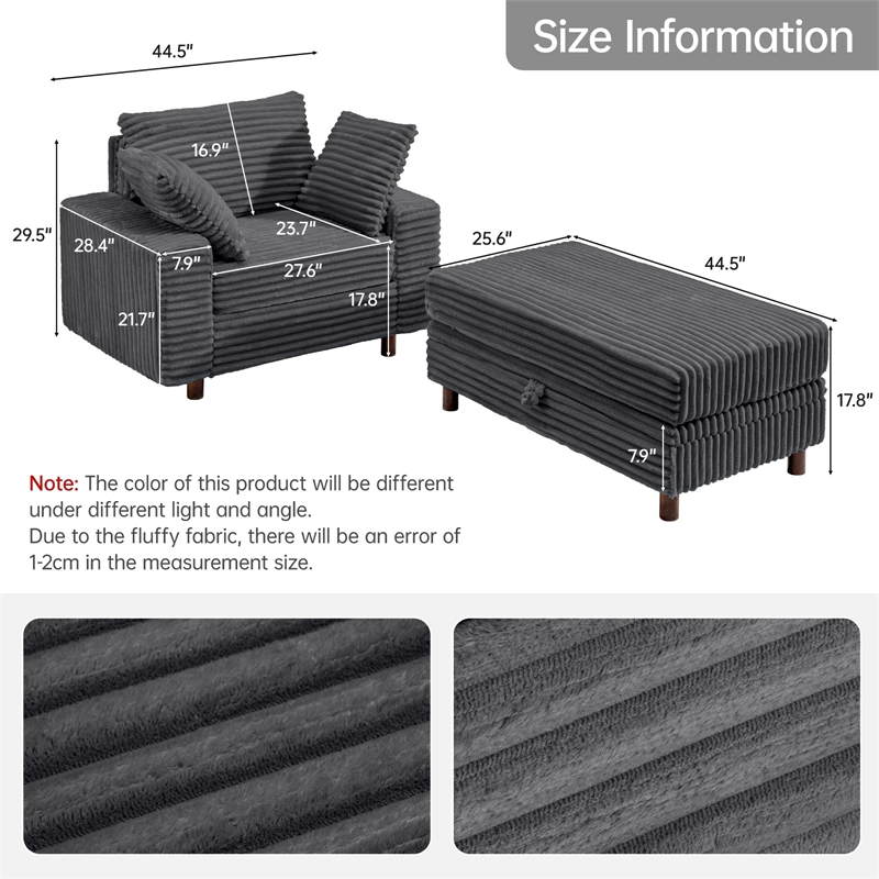 Corduroy Chaise Lounge with Storage & Removable Pillows & Foam Filling - Gray