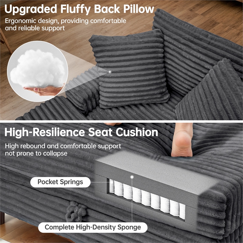 Corduroy Chaise Lounge with Storage & Removable Pillows & Foam Filling - Gray