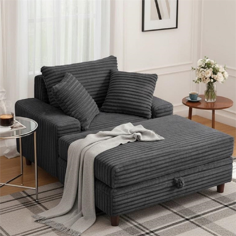 Corduroy Chaise Lounge with Storage & Removable Pillows & Foam Filling - Gray