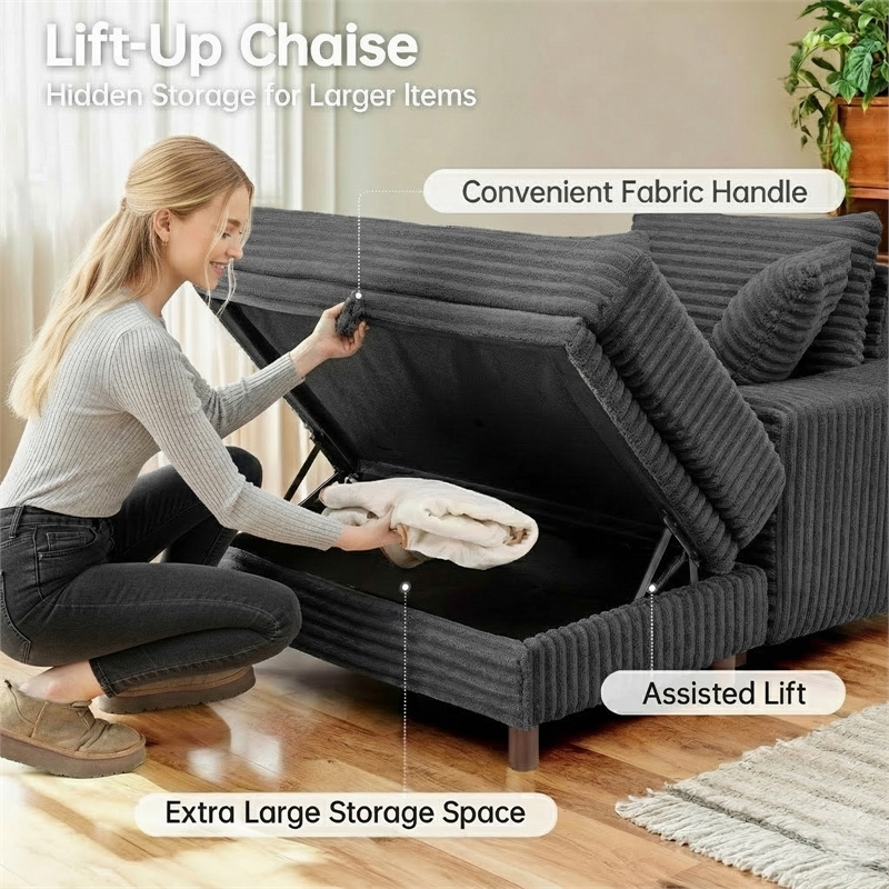 Corduroy Chaise Lounge with Storage & Removable Pillows & Foam Filling - Gray
