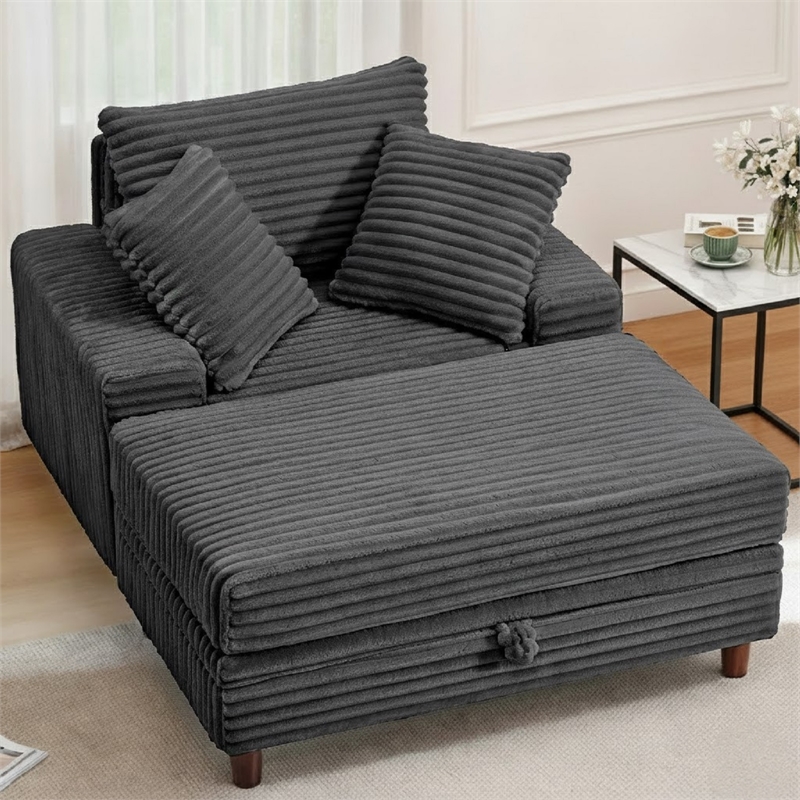 Corduroy Chaise Lounge with Storage & Removable Pillows & Foam Filling - Gray