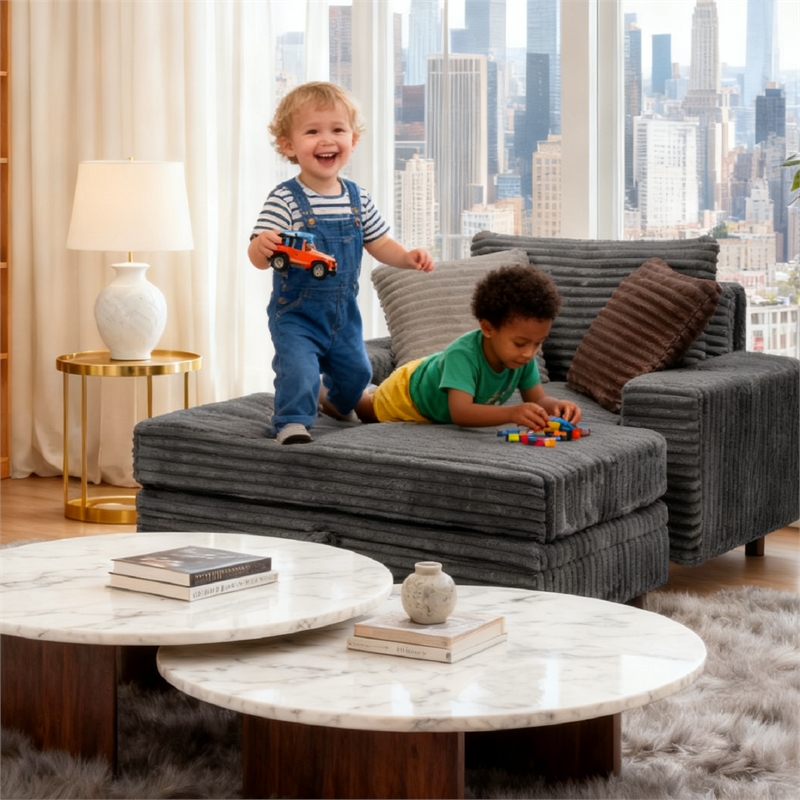 Corduroy Chaise Lounge with Storage & Removable Pillows & Foam Filling - Gray
